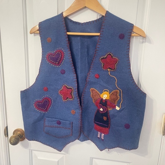 None Tops - Womens Angel Appliqued Felt  Vest Size Medium Large Country Hearts
